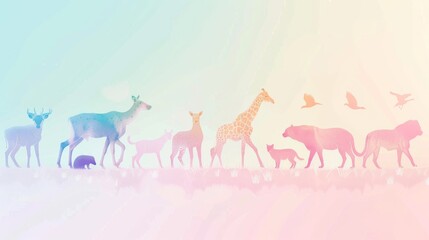 A colorful drawing of animals walking in a line