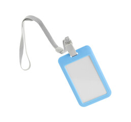 Blank light blue badge with string isolated on white