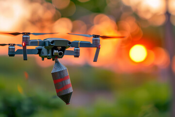 A drone carrying an land mine in the sky