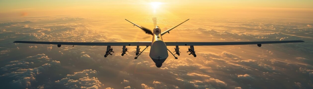The unmanned aircraft flies over the clouds at sunset.