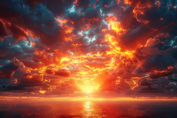 A radiant sunrise painting the sky in shades of gold and crimson, signaling the start of a new day. Concept of renewal and optimism. Generative Ai.