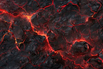 Detailed, high-resolution image displaying the vivid textures and intense red glow of molten lava flowing through the cracks of a cooled, solidified black volcanic surface