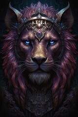Echoes of the Shadow Realm: Symmetrical Portrait of a Lion in Ornate Bat-Winged Helmet, Embracing Dark Fantasy with Violet and Pink Vibrant Tapestry Elements