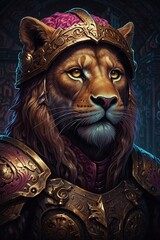 Echoes of the Shadow Realm: Symmetrical Portrait of a Lion in Ornate Bat-Winged Helmet, Embracing Dark Fantasy with Violet and Pink Vibrant Tapestry Elements