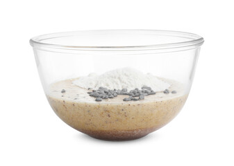 Raw dough with chocolate chips in bowl isolated on white