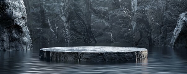 Mysterious circular platform in moody mountain lake