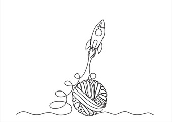 Chaos and rocket spaceship, abstract minimalist concept vector illustration. Metaphor of disorganized difficult problem found solution, mess with single continuous tangle thread in need of unraveling