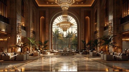 luxurious lobby featuring a grand chandelier hanging from a high ceiling, embodying an opulent interior design concept