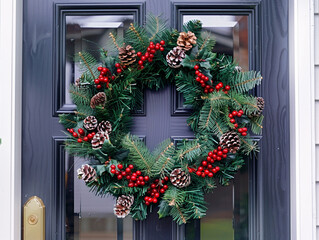 Festive Christmas wreath adorned with red and green hung on a front door.