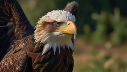 Obraz premium Bald Eagle Portrait in a Natural Setting With Feathered Head and Yellow Beak
