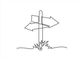 Road direction sign arrows isolated on white background. Continuous one line drawing. Vector illustration for banner, web, design element, template,