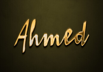 Old gold text effect of Arabic name Ahmed with 3D glossy style Mockup