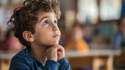 Curly-haired boy looking up thoughtfully in a classroom setting, with soft focus on distant educational elements.
