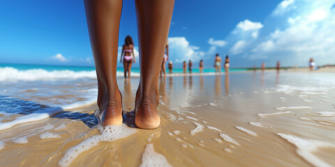 A close-up view of a person's feet standing on a sandy beach with gentle waves washing over them, with several people in the distance under a clear blue sky.