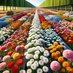 Lovely scene with the most beautiful flowers in long lines lined with marble bricks