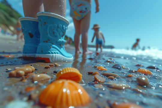 ground level view of A boy in light blue boots walks along the beach, exploring a shore dotted with colorful shells.