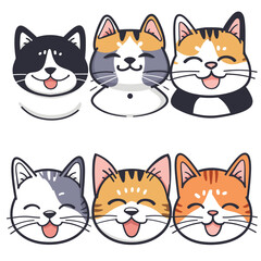 Six cartoon cat faces smiling various colors isolated white background. Happy feline expressions, cute kitty illustrations, animal mascots. Playful cats graphic design, cheerful pets clip art