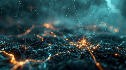Abstract digital network landscape with glowing lines