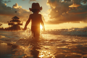 A toddler wades through the beach waters at sunset, highlighted by the golden light and a dramatic sky. - Powered by Adobe