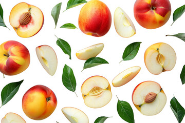 A variety of fresh peaches are arranged on a black background