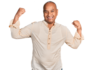 Hispanic middle age man wearing boho shirt showing arms muscles smiling proud. fitness concept.
