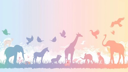 A colorful poster of animals, including giraffes, elephants, and birds