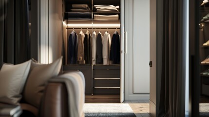 Close-up view of a contemporary closet with sleek, polished finishes, presented in a cinematic style to capture the essence of modern elegance