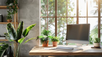 Office desk setup with various indoor plants in a bright, sunlit room