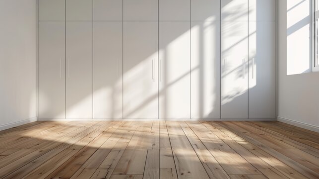 Close-up of a white closet on a wooden floor, showcasing its simplistic elegance and modern design