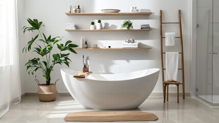 Fototapeta na wymiar Interior of stylish bathroom with modern bathtub and s