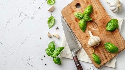 Fresh basil leaves and garlic on a wooden cutting board with kitchen knife on a marble background. High angle view with copy space. Cooking and herbal ingredients concept. Design for recipe book