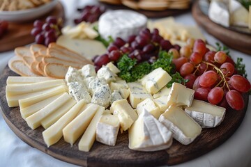 Assorted cheeses on round wooden board plate. Camembert cheese, brie, hard cheese slices, walnuts, grapes, crackers, bread. Top view