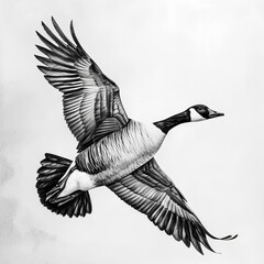 Canada Goose Pencil Sketch Hand Drawn Black and White Isolated Depiction of Branta Canadensis on a Blank White Background