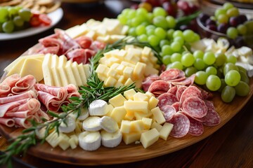 Assorted cheeses and sausages on round wooden board plate. Top view