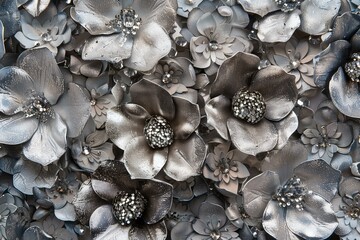 silver flowers covered in glitter background