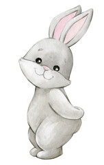 Bunny, standing, paws hidden behind his back. Watercolor clipart, cute, forest animal, on an isolated background.