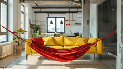 Interior of stylish living room with red hammock and y