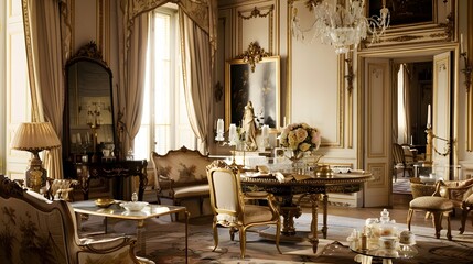 room filled with ornate details and delicate furnishings representative of French elegance