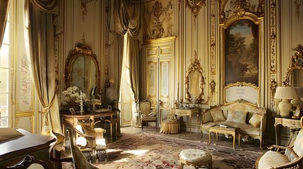 room filled with ornate details and delicate furnishings representative of French elegance