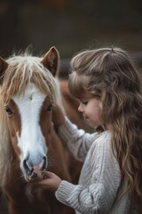 Little Girl Petting Brown and White Horse