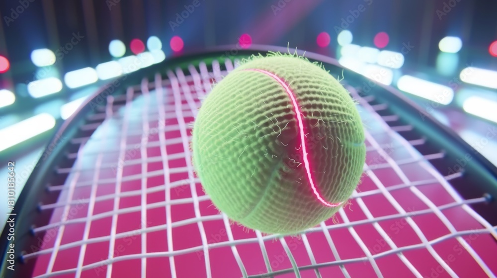 Poster a hyperrealistic close-up of a tennis ball making contact with the strings of a racket, the yellow b