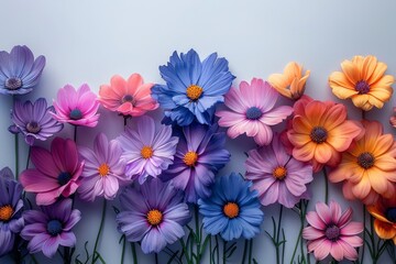 A well-composed wall filled with an assortment of purple and pink flowers creating a charming and colorful floral display