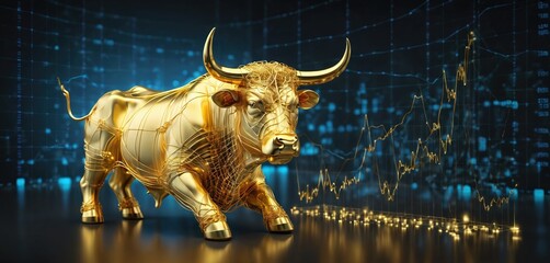 Conceptual representation of a golden bull, symbolizing strength, stands in front of charts showing stock prices on the stock market