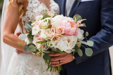 Bride and Groom Holding Bouquet of Flowers