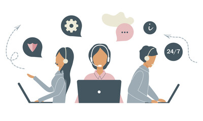 Customer service workers with headsets and laptops service or consult customers on computers.Hotline operators work 24/7, global online technical support, Call center, call processing system. Vector
