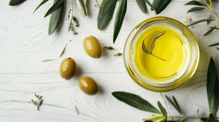 Jar of cream with olive oil extract on white wooden background