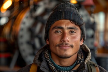 Fototapeta premium Confident young man with a beanie hat posed near a historical steam train