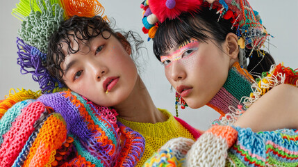 Two stylish asian female models posing for edgy and modern fashion editorial. Conceptual photo in vivid colors. Haute couture contemporary trends
