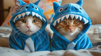 adorable cats wearing blue shark costumes cute animal anime onesie photography