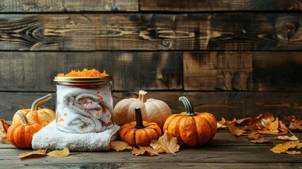 Jar of natural mask pumpkins and towel on wooden background